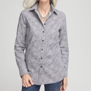 Chico’s No Iron Floral Jacquard Shirt Women’s Size M Button Front Classic Gray
